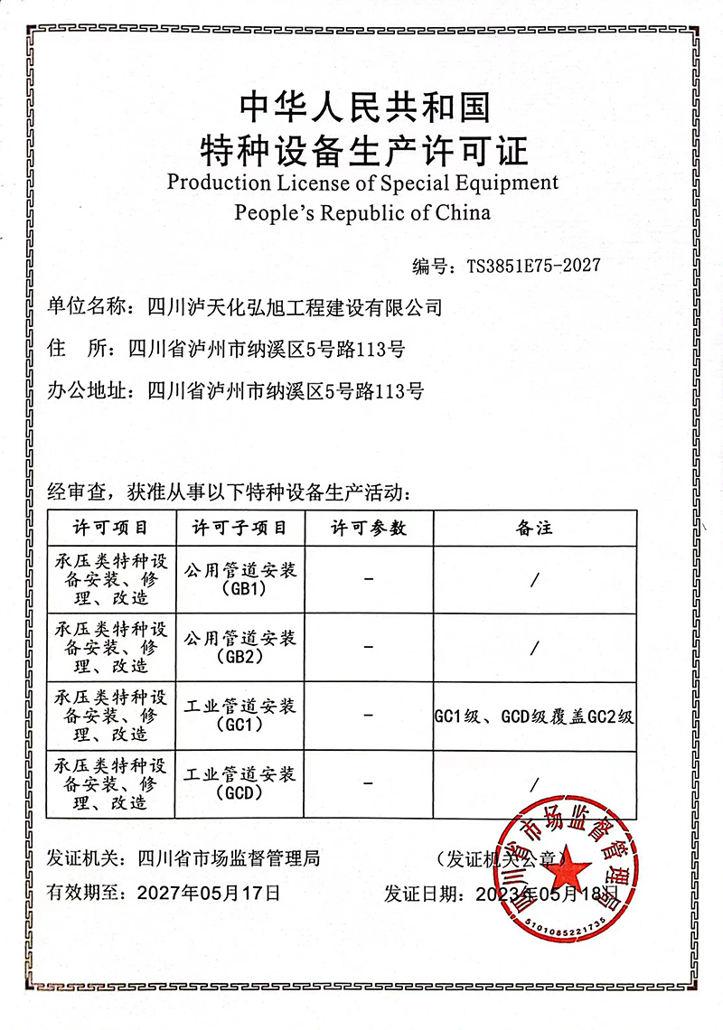 特种设备出产许可证（压力管道）(图1)